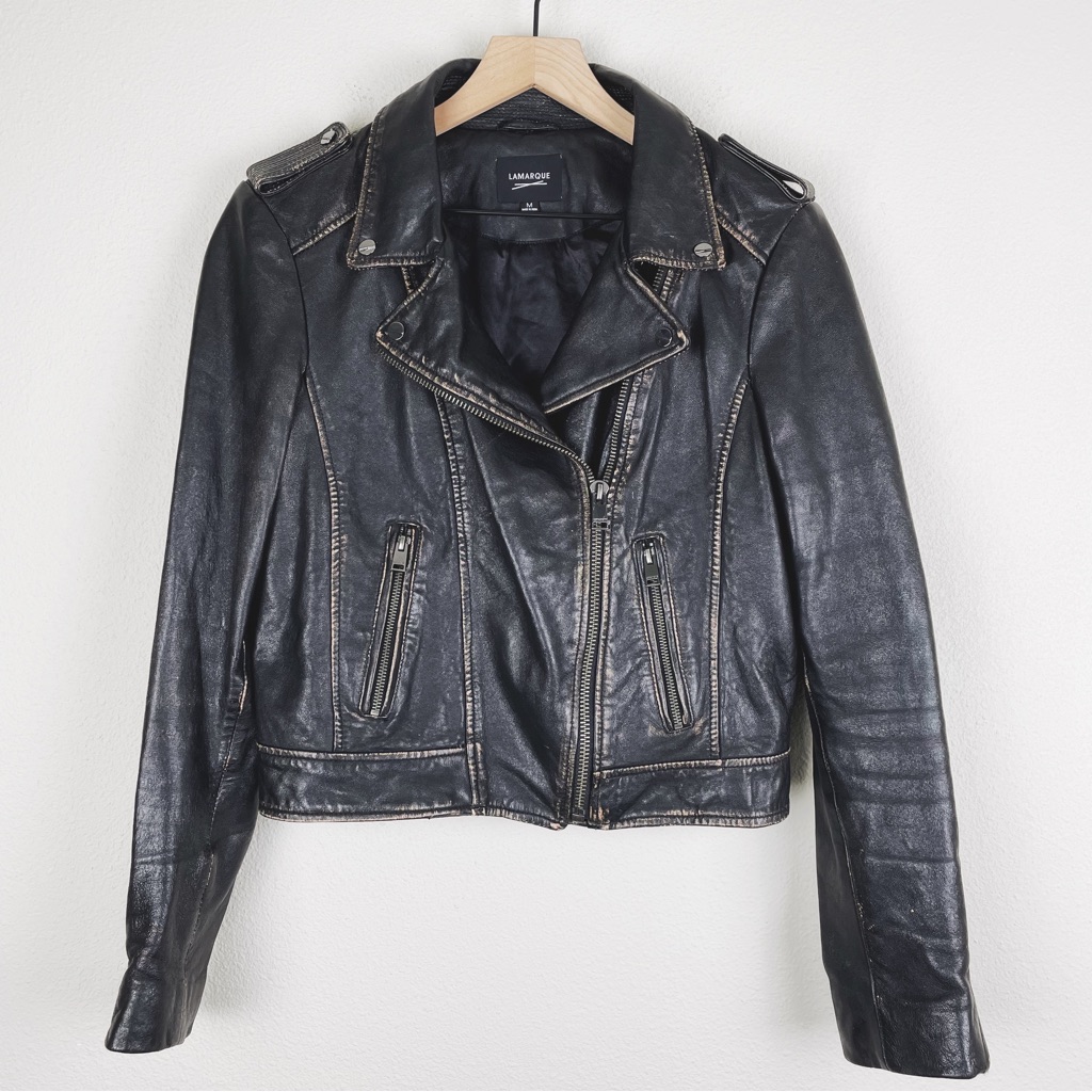Lamarque Donna Leather Biker Jacket Black Distressed